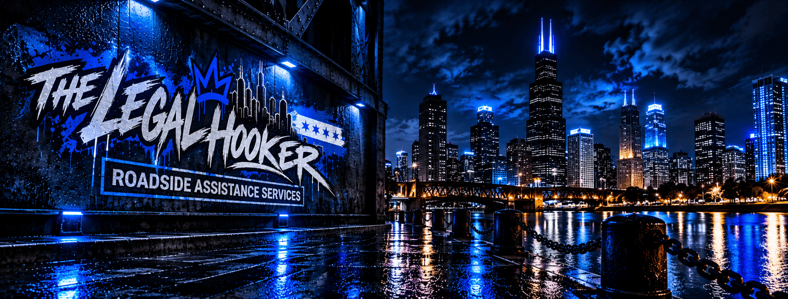 The Legal Hooker roadside assistance branding against the Chicago skyline at night